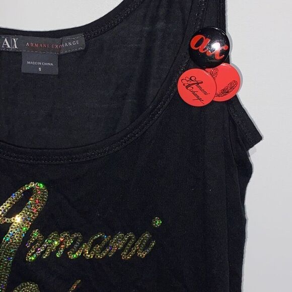 Armani Exchange Women's Sequined Logo Scoop Neck Tank Top Black Gold Size Large - Picture 8 of 9